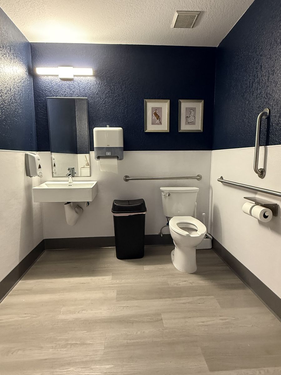 Restroom with navy accent wall, grab bars, wall-hung sink and LVP flooring, CheerCats tenant improvement, Henderson NV