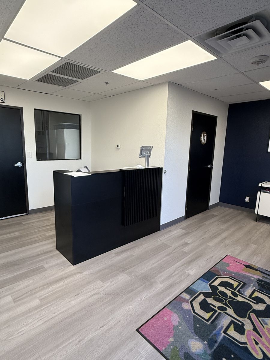 Black reception desk with logo rug, offices and LVP flooring, CheerCats tenant improvement, Henderson NV