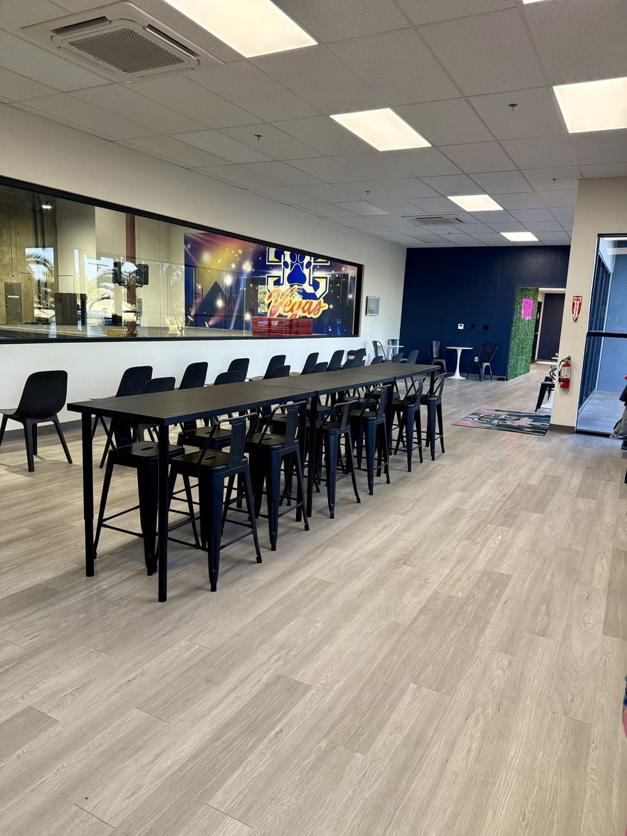 High-top counter seating along the gym viewing windows, CheerCats tenant improvement, Henderson NV