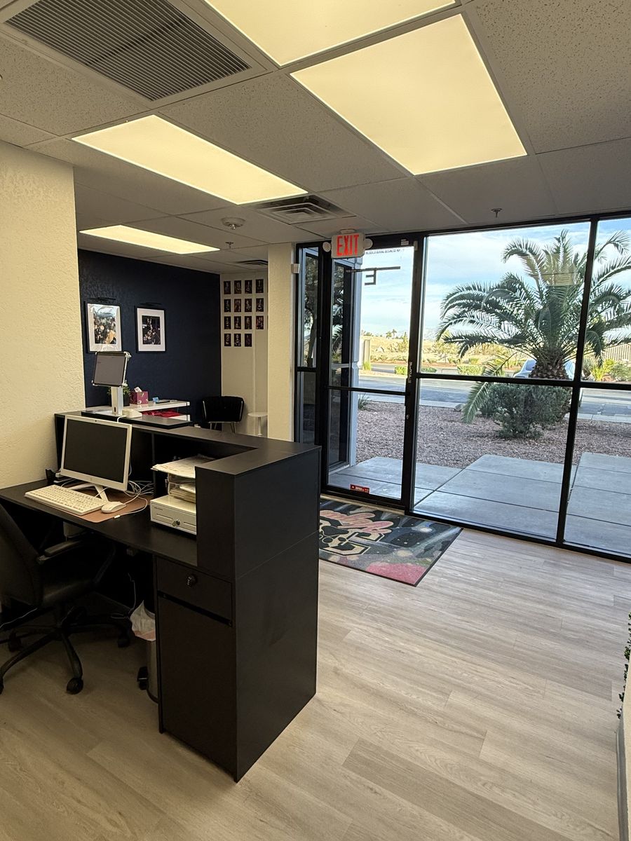 Front office work area beside the storefront glass, CheerCats tenant improvement, Henderson NV